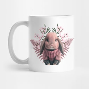 Adorable baby rabbit in pink wool sweater - beautiful flowers and leaves Mug